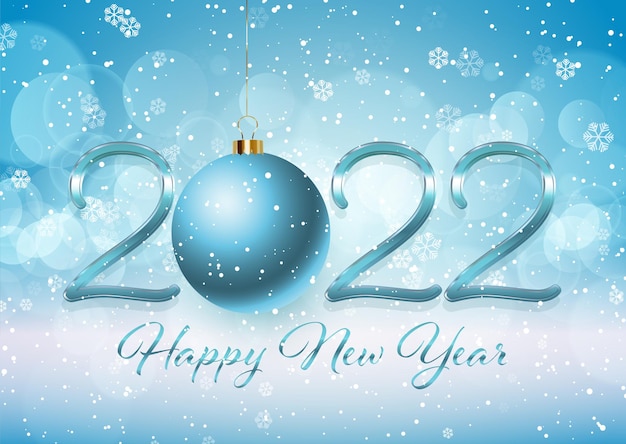 Happy new year background with hanging bauble and snowflake design