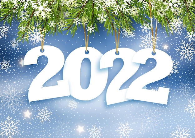 Happy New Year background with hanging numbers from Christmas tree branches