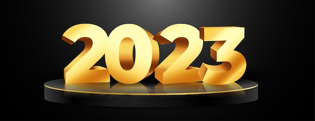 Banner di felice anno nuovo con podio 3d e testo dorato 2023