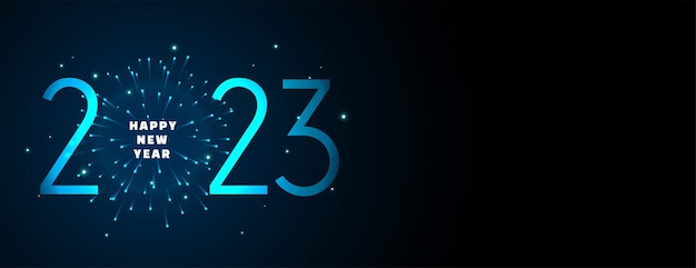 Happy new year banner with bright 2023 text and firework