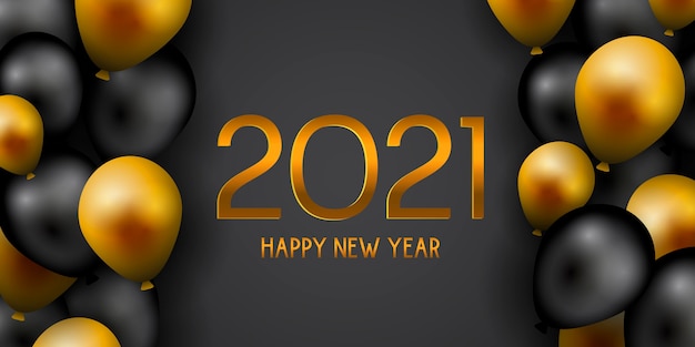 Happy New Year banner with decorative gold and black balloons