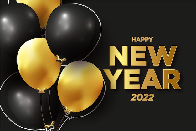 Vettore gratuito banner di felice anno nuovo con palloncini 3d realistici e sfondo di testo dorato