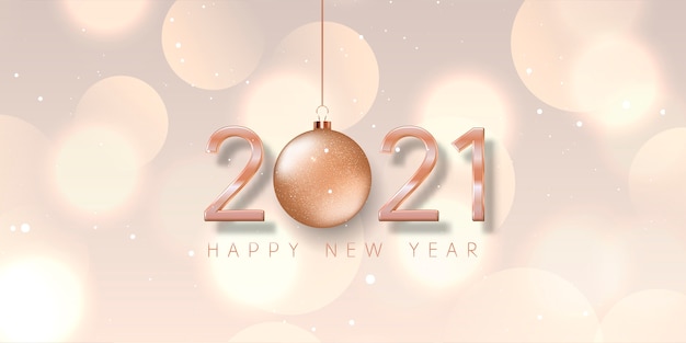Happy new year banner with rose gold bauble, numbers and bokeh lights design