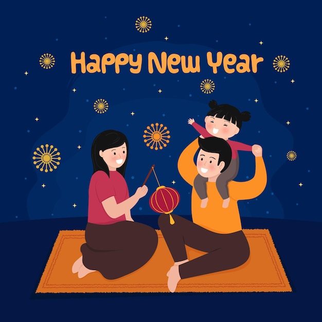 Happy new year card with family with lantern and firework