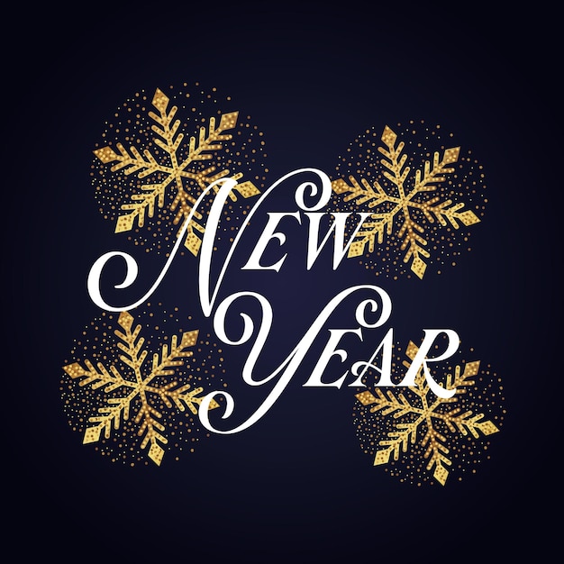 Happy new year card with gold snowflaks. vector illustration