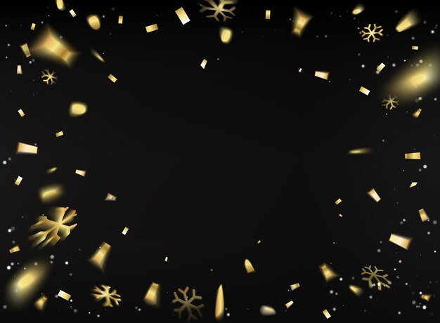 Happy new year card with golden confetti over black background.