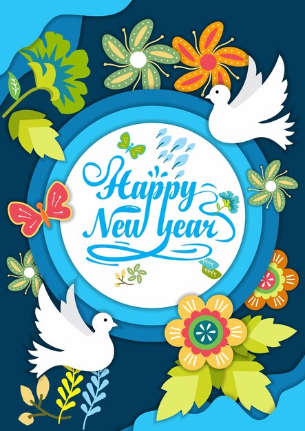 Happy new year card with paper cut or craft style and shadow style with dove flower and leaves