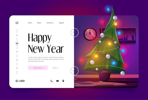 Happy new year cartoon landing page. room at christmas night, home interior with decorated potted fir tree with toys and glowing garlands, xmas eve celebration, winter holidays, vector web banner