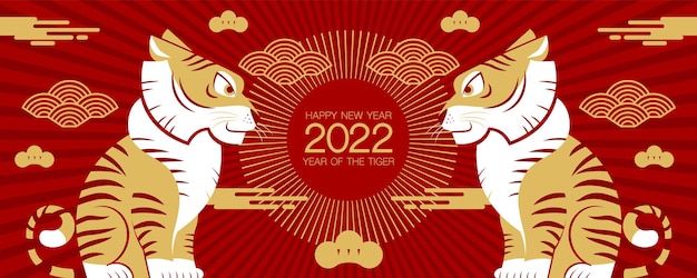 Happy new year, chinese new year, 2022, year of the tiger, cartoon character, royal tiger,  flat design (translate : tiger, chinese new year ) Premium Vector