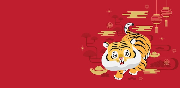 Happy new year, chinese new year, 2022, year of the tiger, cartoon character, royal tiger,  flat design