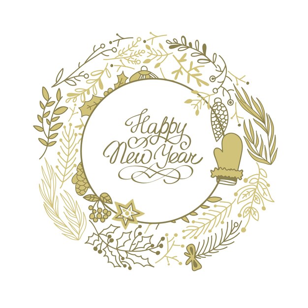 Happy New Year circle beige wreath sketch composition with beautiful cartoons of branches hand drawing illustration