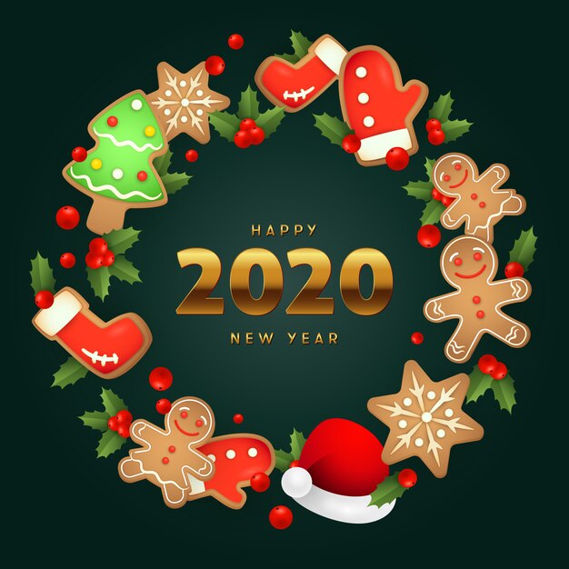 Free vector happy new year ginger bread christmas wreath on green ground