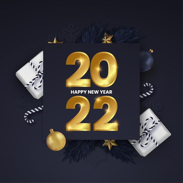 Free vector happy new year golden 2022 with christmas decoration background