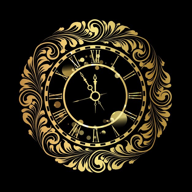 Happy new year golden clock over black background.