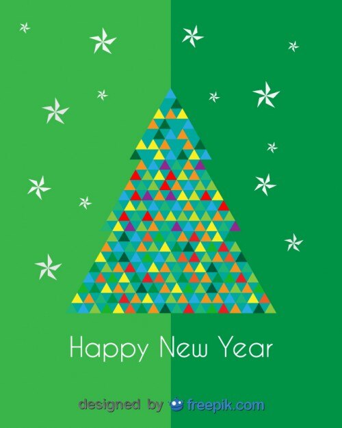 happy new year greeting card of christmas tree done with colorful triangles