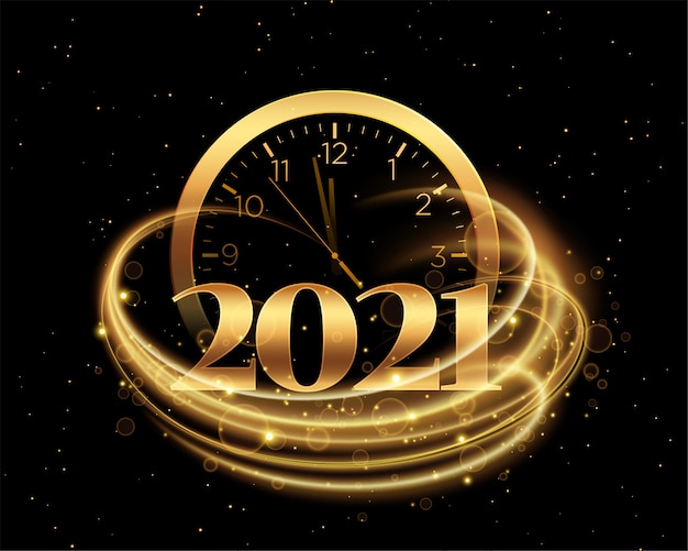 Happy new year greeting card with 2021 gold numbers and clock