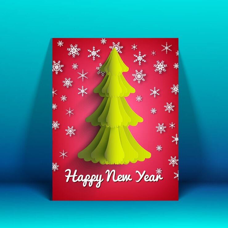 Free Vector happy new year greeting card with fir tree and decorative falling snow illustration