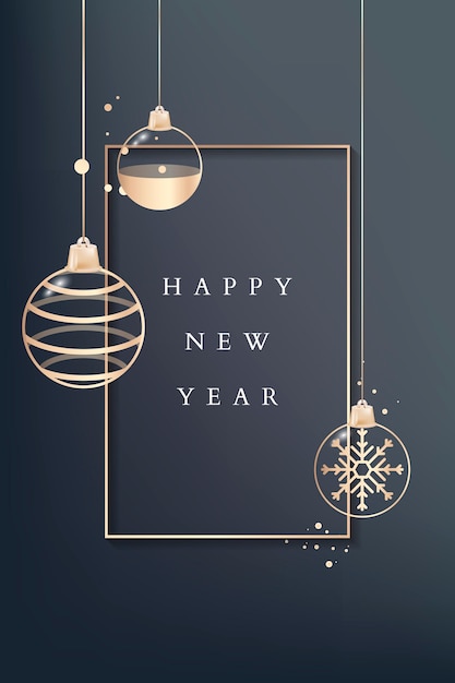 Free vector happy new year greeting card with golden baubles