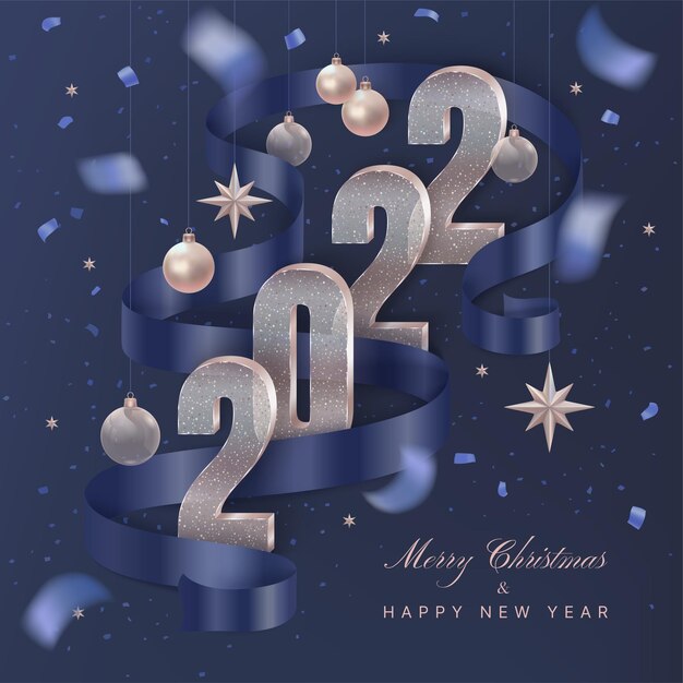 Happy new year greeting card with ribbon and 2022 transparent numerals stars balls confetti