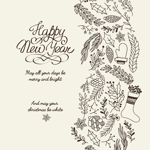 Felice anno nuovo auguri tipografia design decorativo carta doodle con auguri che tutti i tuoi giorni siano allegri e luminosi