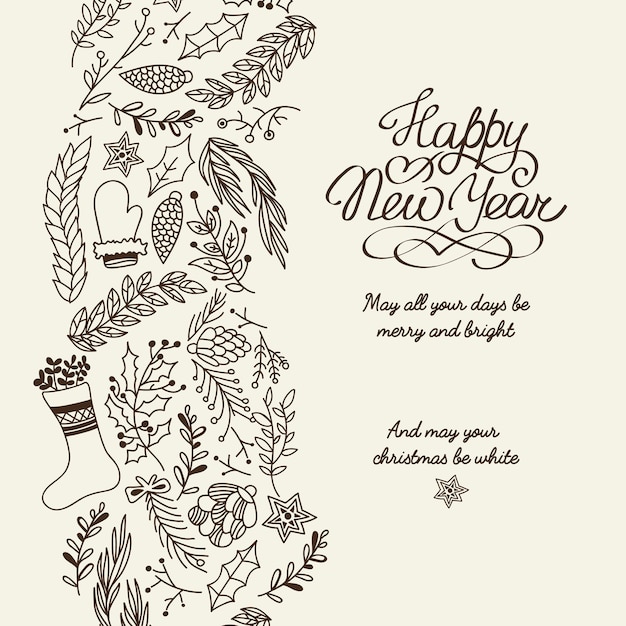 Бесплатное векторное изображение Поздравления с новым годом типография дизайн открытки каракули с пожеланиями всем вашим дням быть веселыми и яркими иллюстрациями