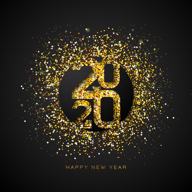 Happy New Year illustration with gold number and falling confetti