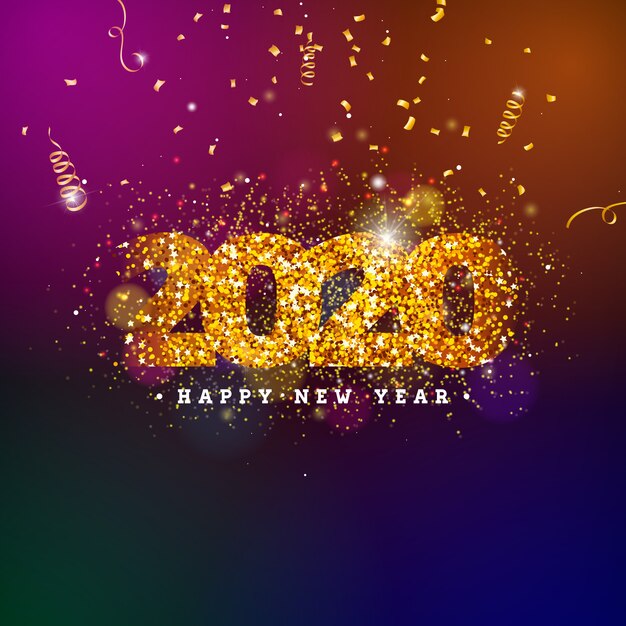 Happy New Year illustration with shiny number and falling confetti 