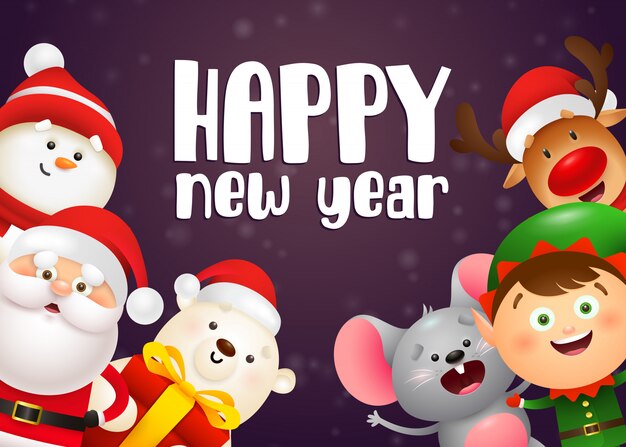 Happy New Year lettering, elf, polar bear, mouse, Santa Claus