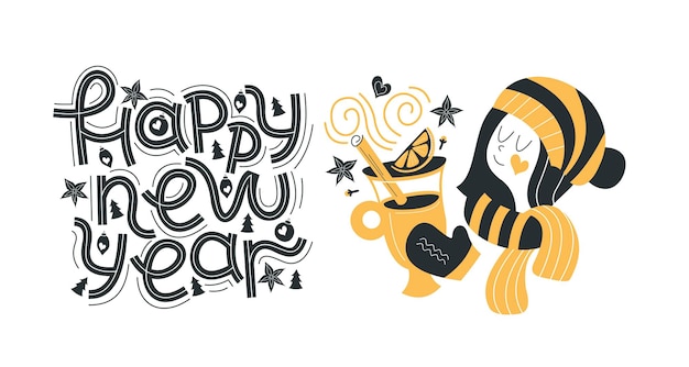 Happy new year. lettering. a girl with a hot drink.