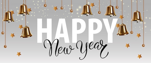 Free vector happy new year lettering with gold bells