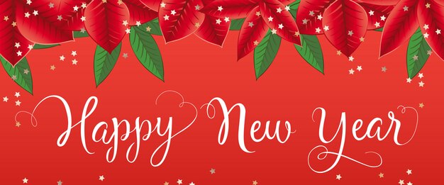 Happy New Year lettering with poinsettia leaves