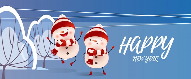 Бесплатное векторное изображение С новым годом надпись с улыбающимися снеговиками