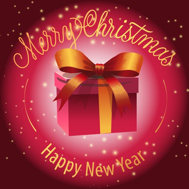 Happy New Year, Merry Christmas lettering with gift box