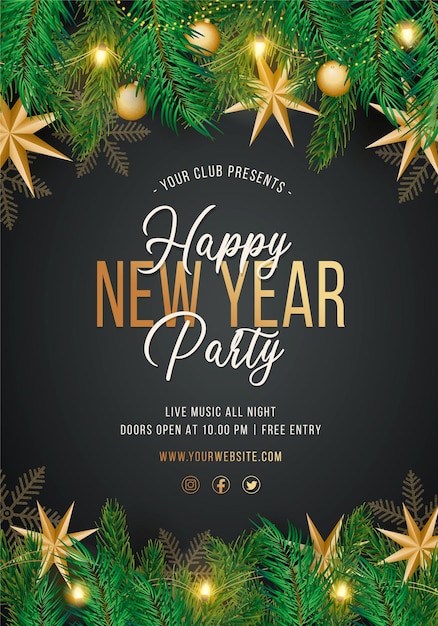 Free vector happy new year party poster with realistic decoration