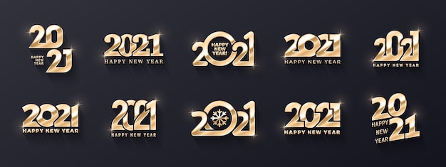 Happy new year premium golden logo different variations d text templates collection