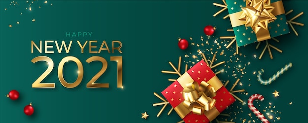 Free vector happy new year realistic banner with red and green decoration