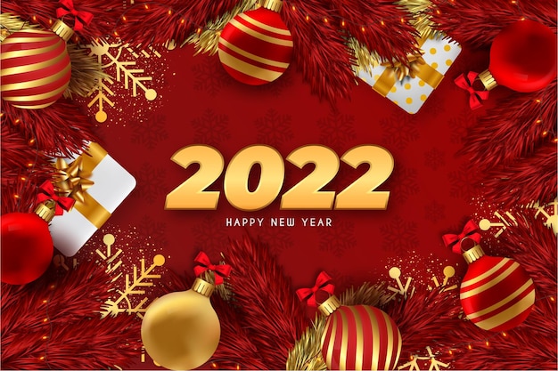 Happy New year Red Background with Realistic Christmas Decoration