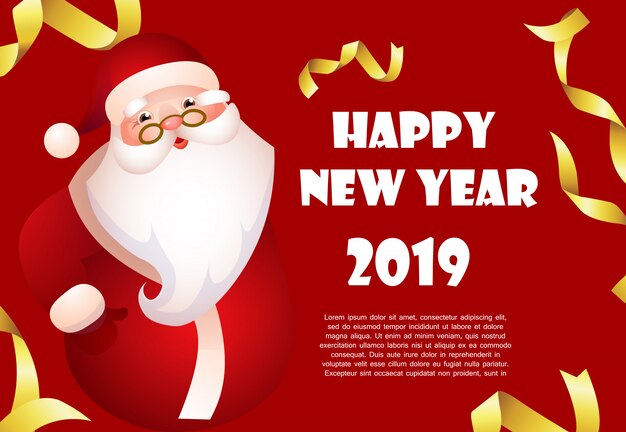 Happy New Year red banner design with cartoon Santa Claus