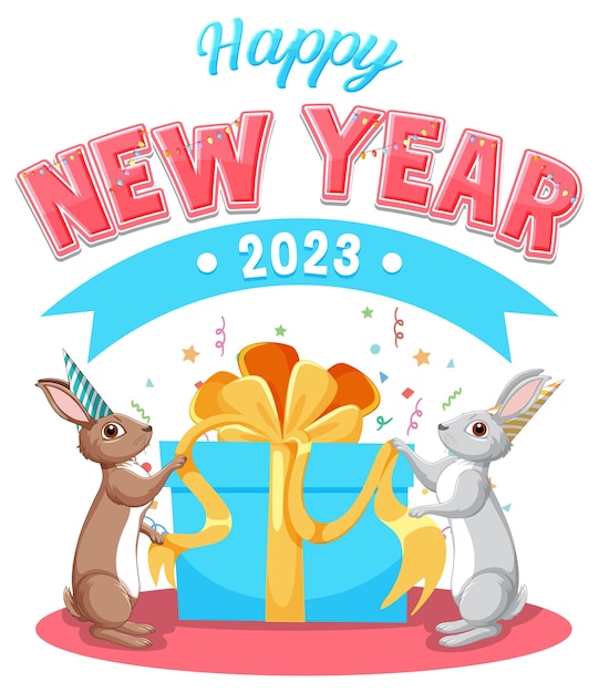 Happy new year text with cute rabbit for banner design