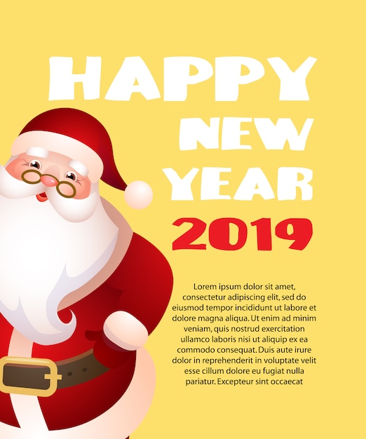 Happy New Year with cartoon Santa Claus yellow banner design