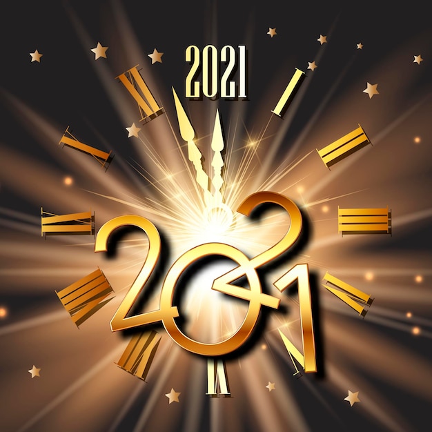 Free vector happy new year with clock face and metallic numbers design
