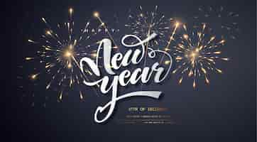 Free vector happy new year with festive fireworks explosionson dark background. holyday decorative elements. congratulation banner.