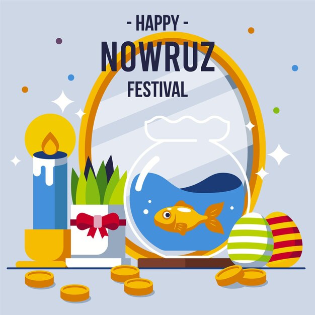 거울과 어항이있는 행복한 nowruz 그림