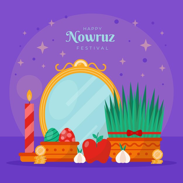 Happy nowruz illustration with sprouts and mirror