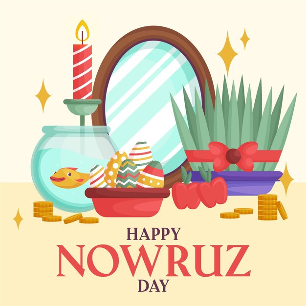 Happy nowruz illustration with sprouts and mirror