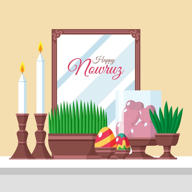 Happy nowruz illustration with sprouts and mirror