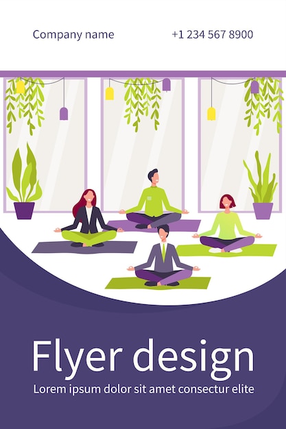 Free vector happy office workers doing yoga, sitting in lotus pose on mats and meditating. employees exercising during break. flyer template