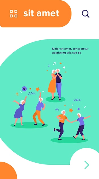 Happy old people dancing isolated flat vector illustration.\
cartoon senior grandfathers and grandmothers having fun at\
party