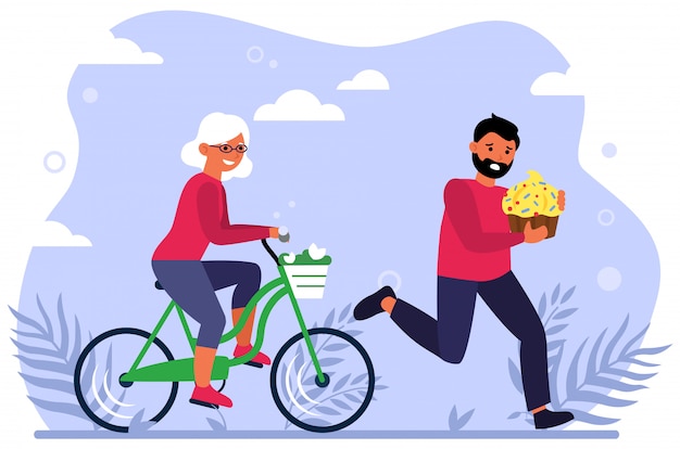 Free vector happy old woman riding bike