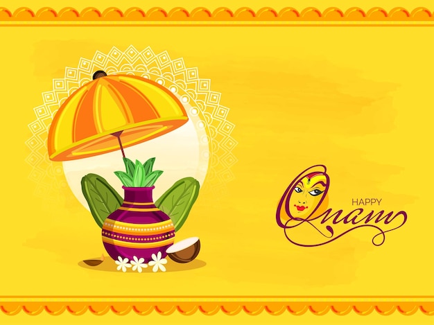 Happy onam celebration concept with worship pot (kalash), banana leaves, coconut and umbrella on yellow background.